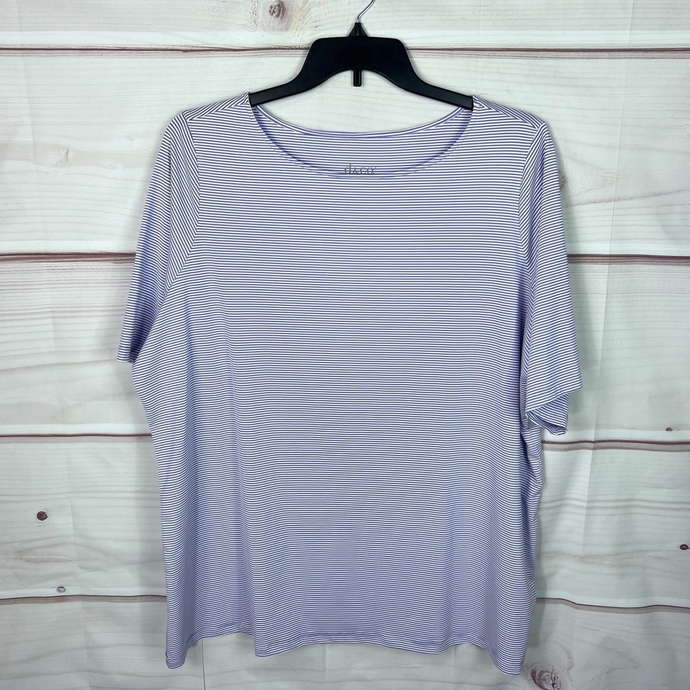 Denim & Co. Top Womens 2X Purple Stripe Tee BRRR Jersey Cool to Touch Boat Neck